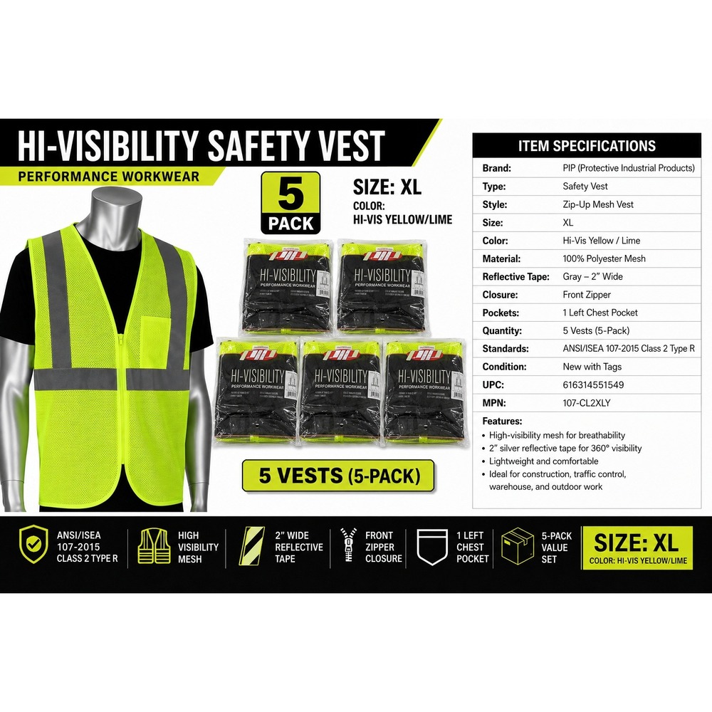 PIP Hi-Visibility Safety Vest 5-Pack XL Lime Yellow Mesh ANSI Class 2 107-CL2XLY